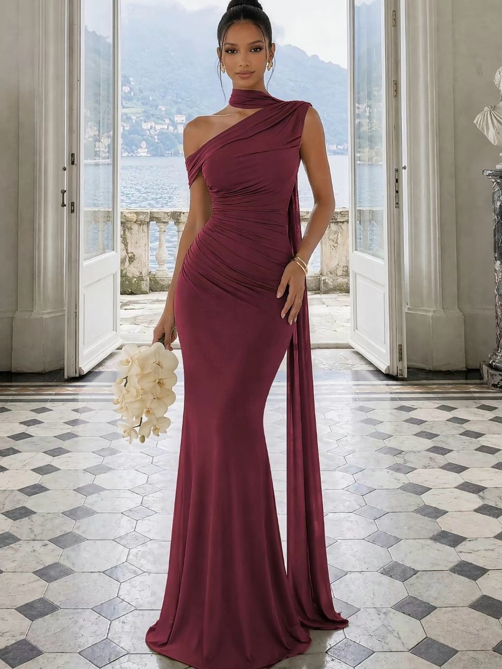 One-Shoulder Burgundy Evening Gown with Draped Accents